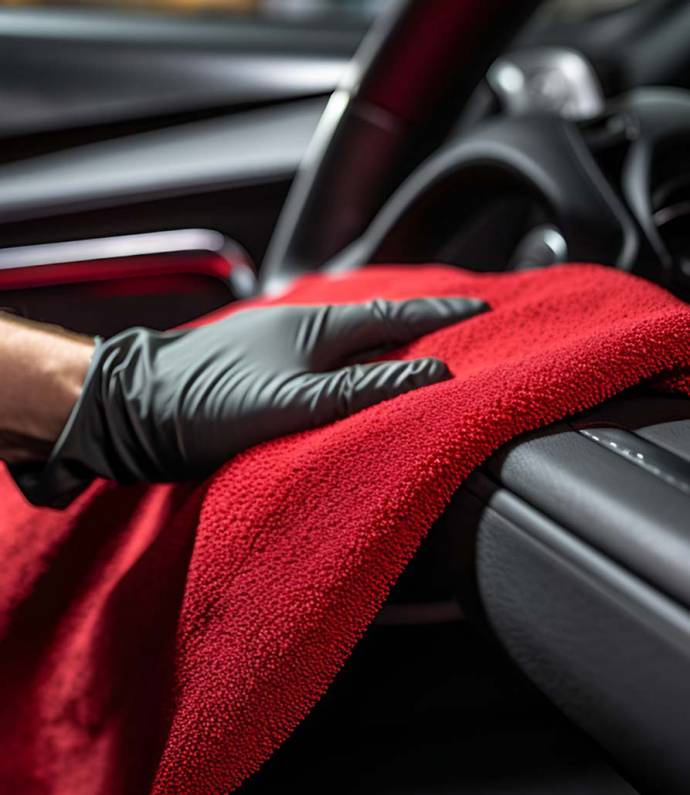 Hand with microfiber cloth cleaning car.